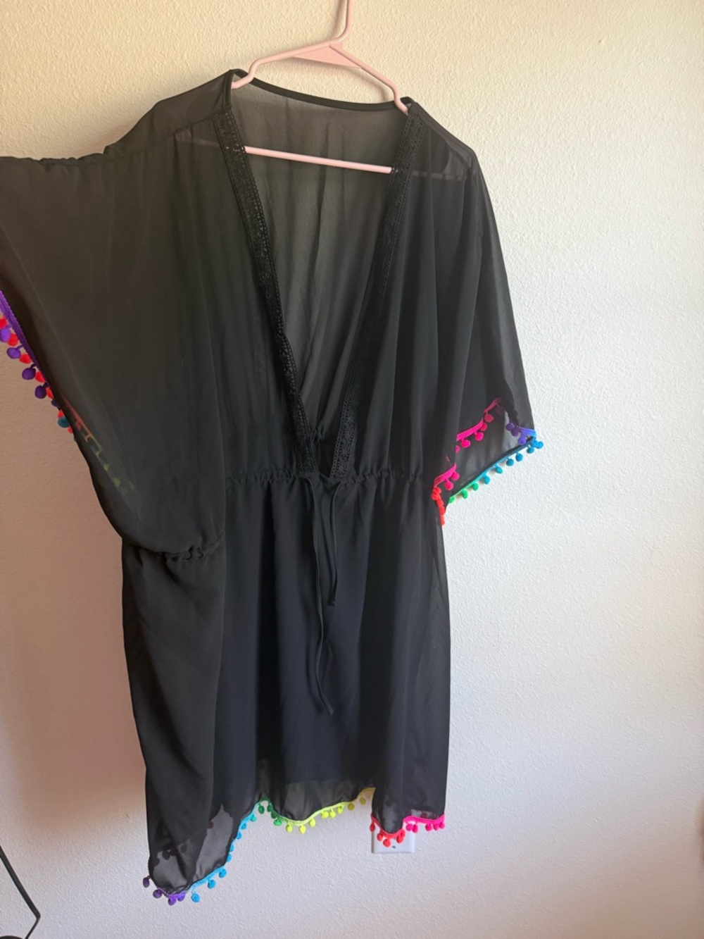 Black Sheer Swim Cover-Up Dress with Rainbow Pom Trim - Picture 3 of 5